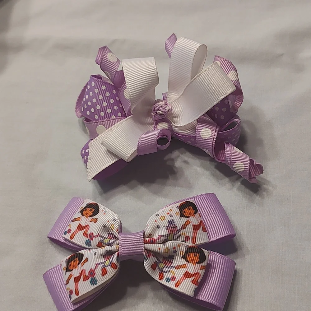 Dora the Explorer and polka dot purple bow lot x 2